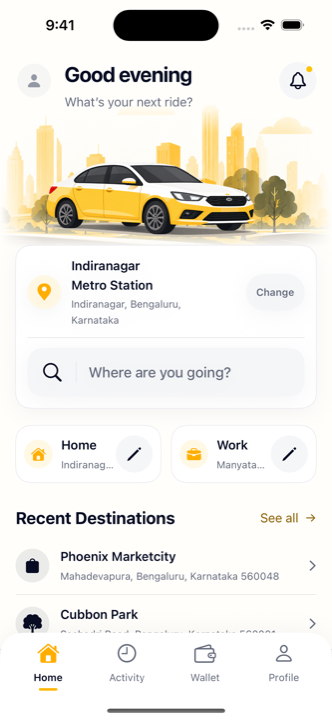 Hoppvia home screen with Bengaluru ride search